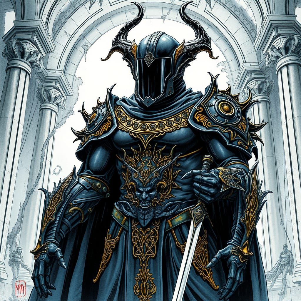 Occult Supersoldier in Ruined Temple, Mixed Media Illustrati...