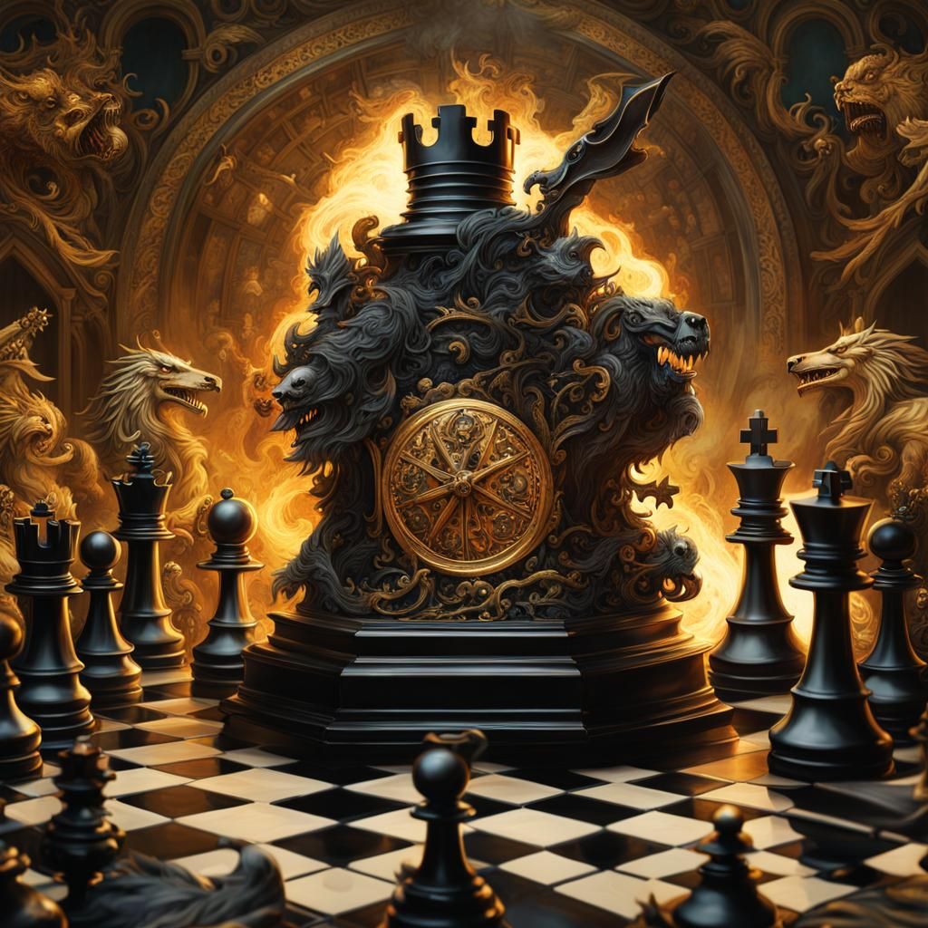 Exploding Chessboard in Dark Fantasy Style