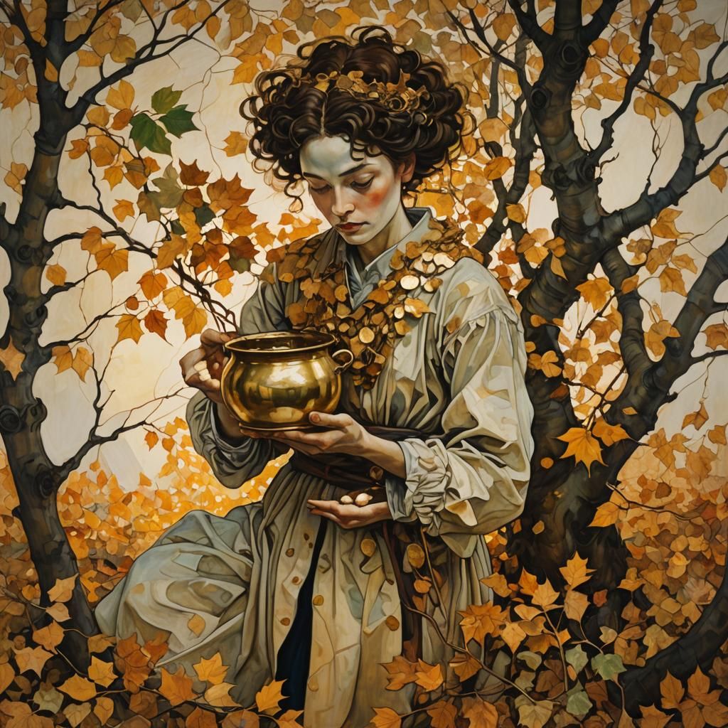 Woman with Golden Pot in Surreal Hazel Forest