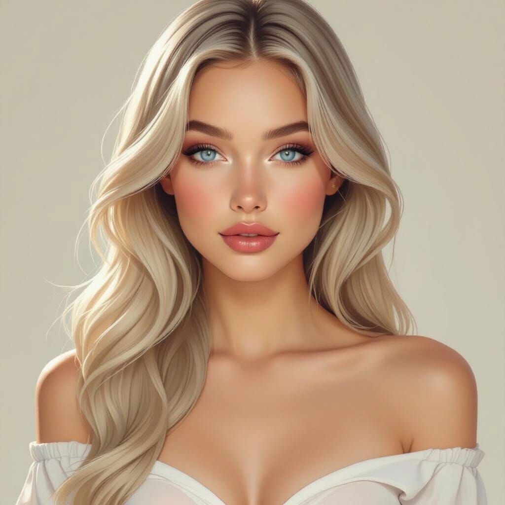 Young Woman Portrait in Hyperrealistic Digital Painting Styl...