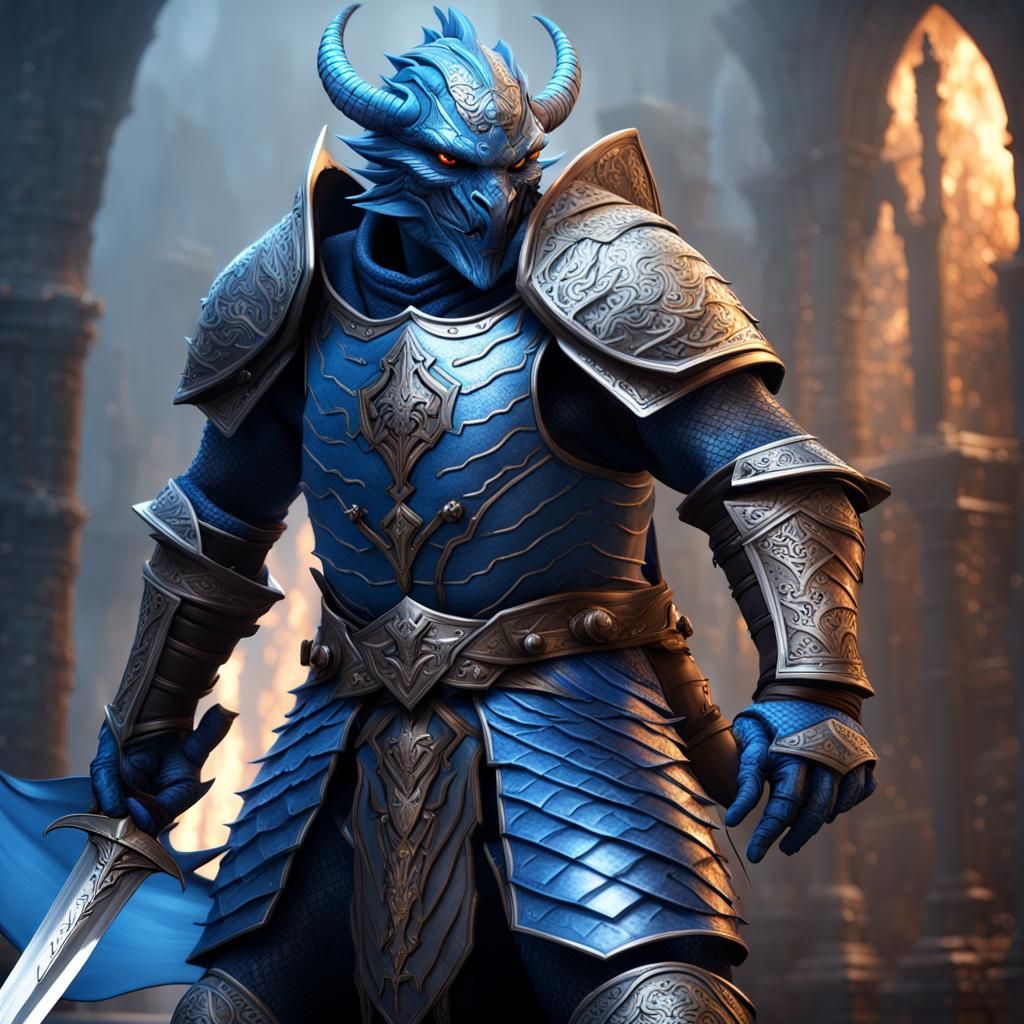 Blue Dragonborn Paladin with Sword and Shield