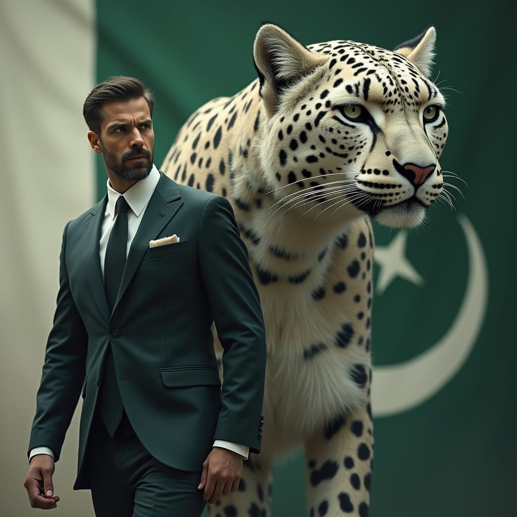 Formal Figure Walks Beside a Mythical Snow Leopard Creature ...