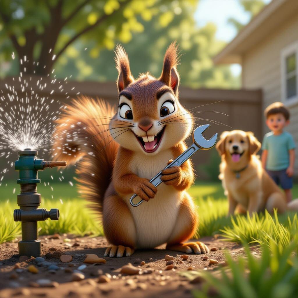 Pixar Squirrel Sprinkler Mishap in Sunny Backyard