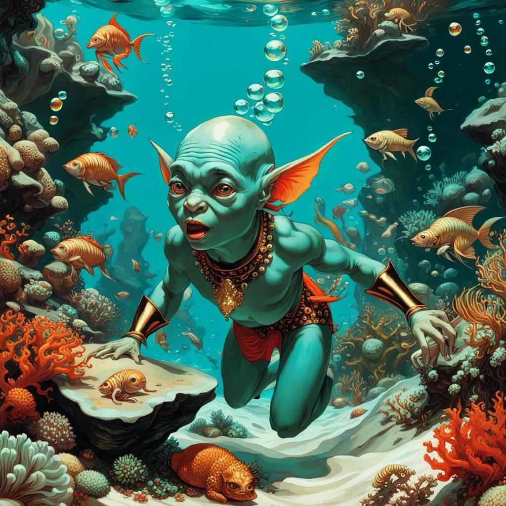 Turquoise Goblin Children Play in Coral Reef