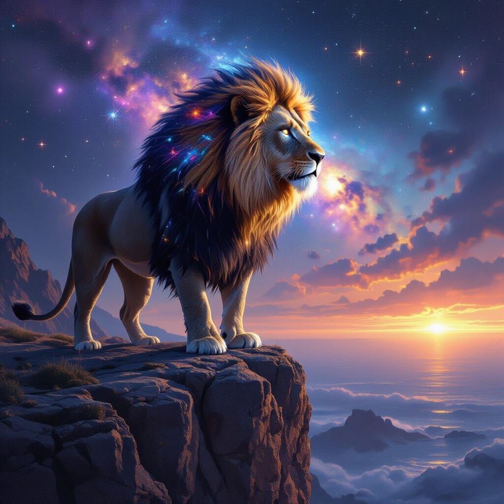 Lion with Nebula Mane Over Cosmic Ocean