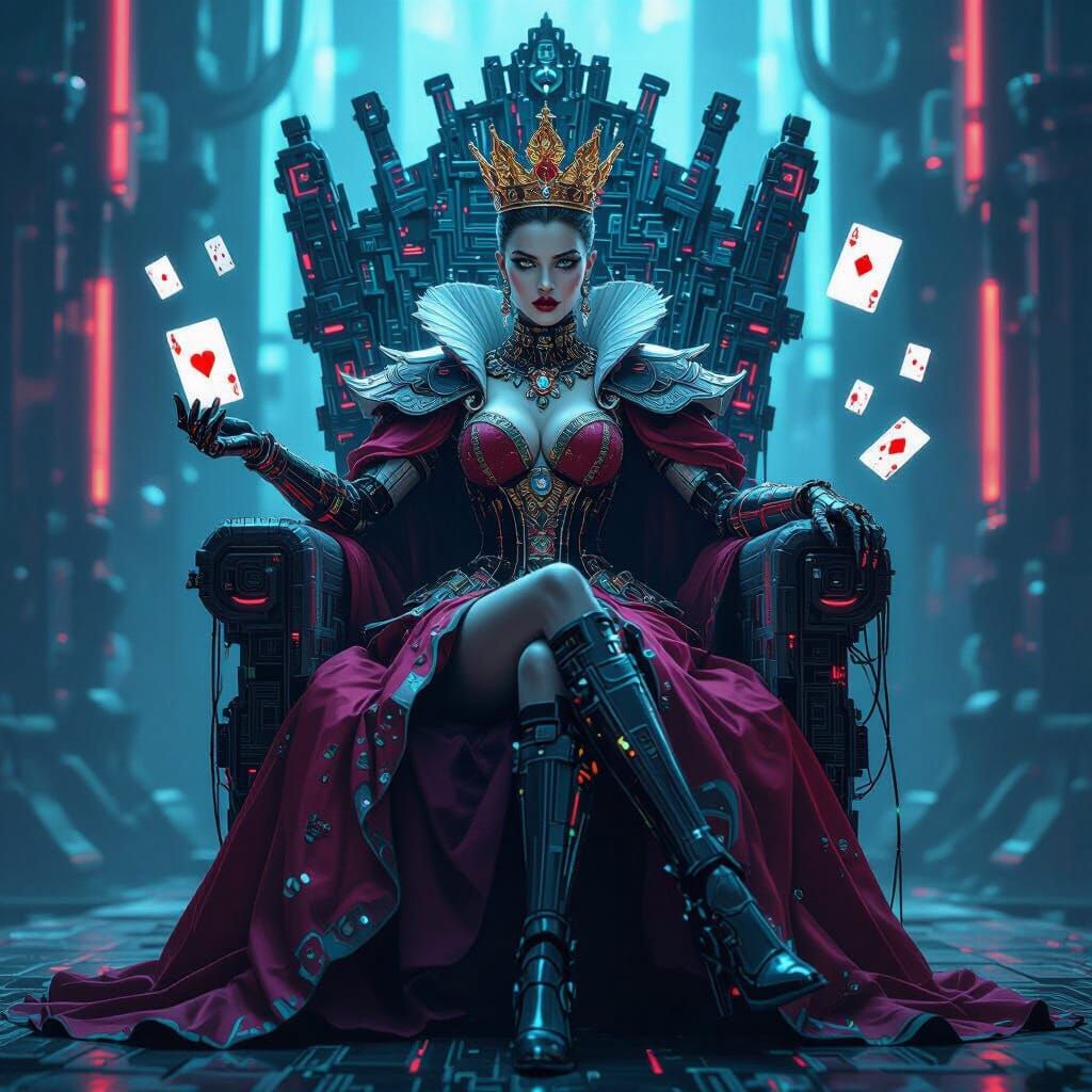 Cyberpunk Queen of Hearts Empress Seated on Circuit Board Th...