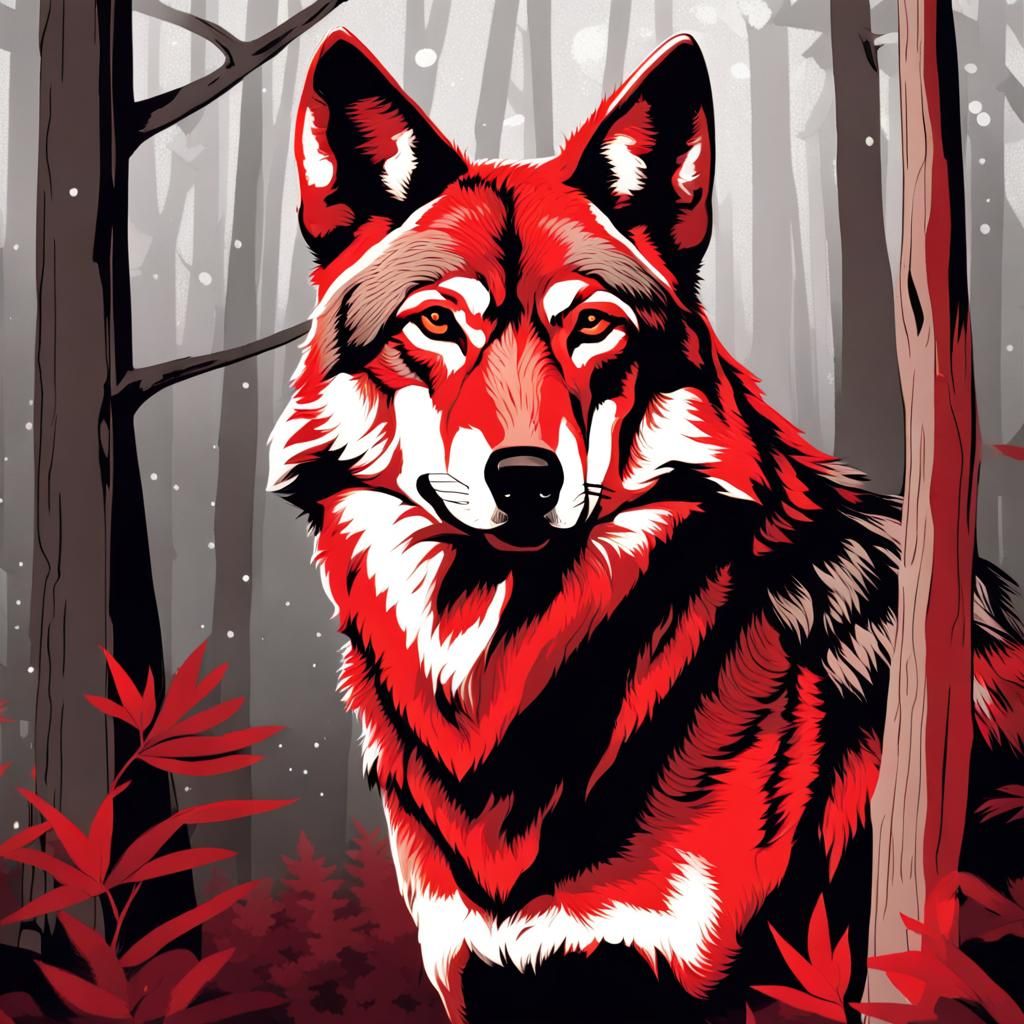 A noble red wolf in a forest at night.