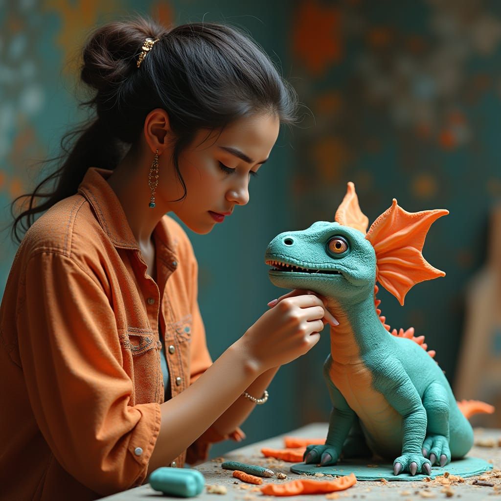 Clay Dinosaur Sculpture with Dynamic Lighting