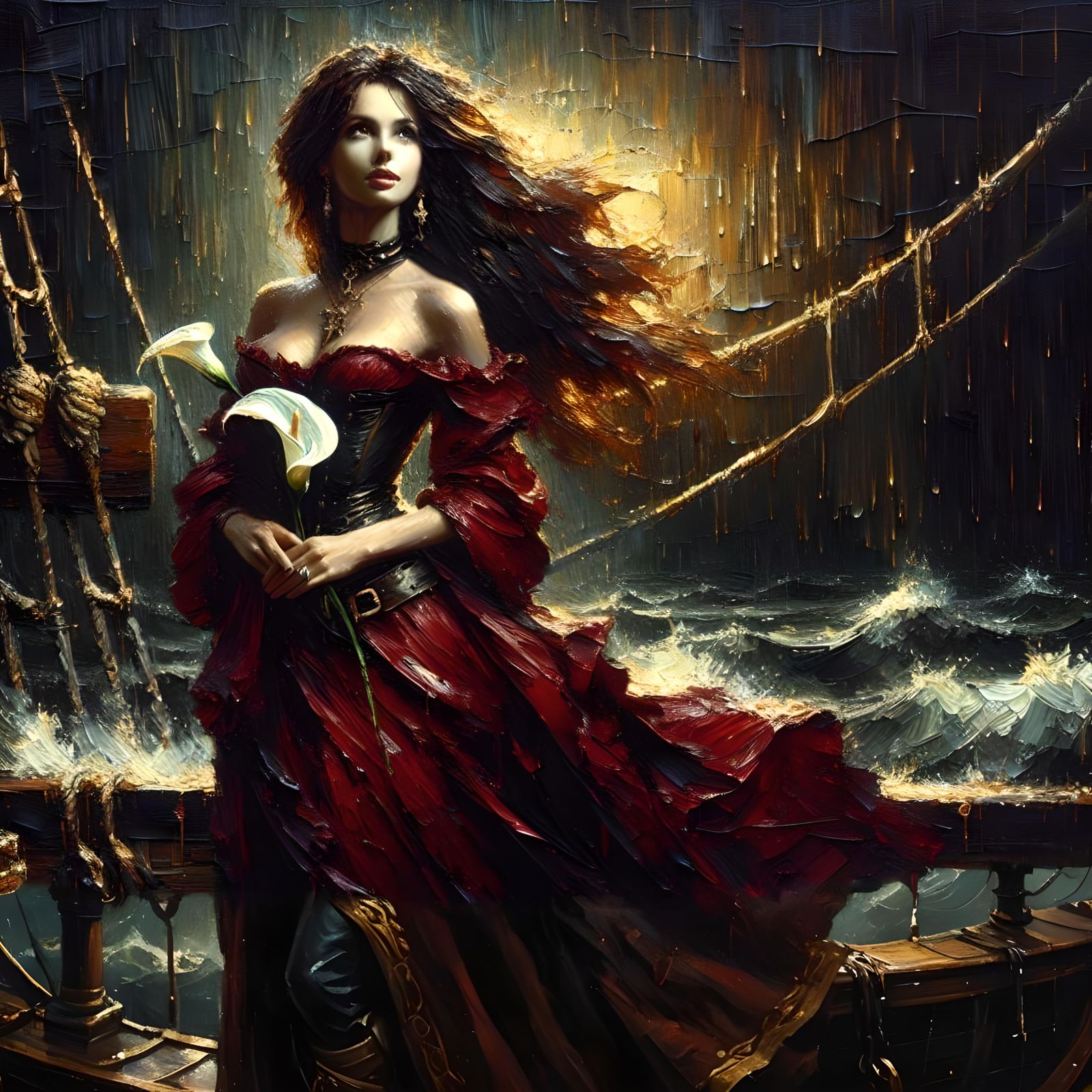 Pirate Queen in Rain, Oil Painting Style