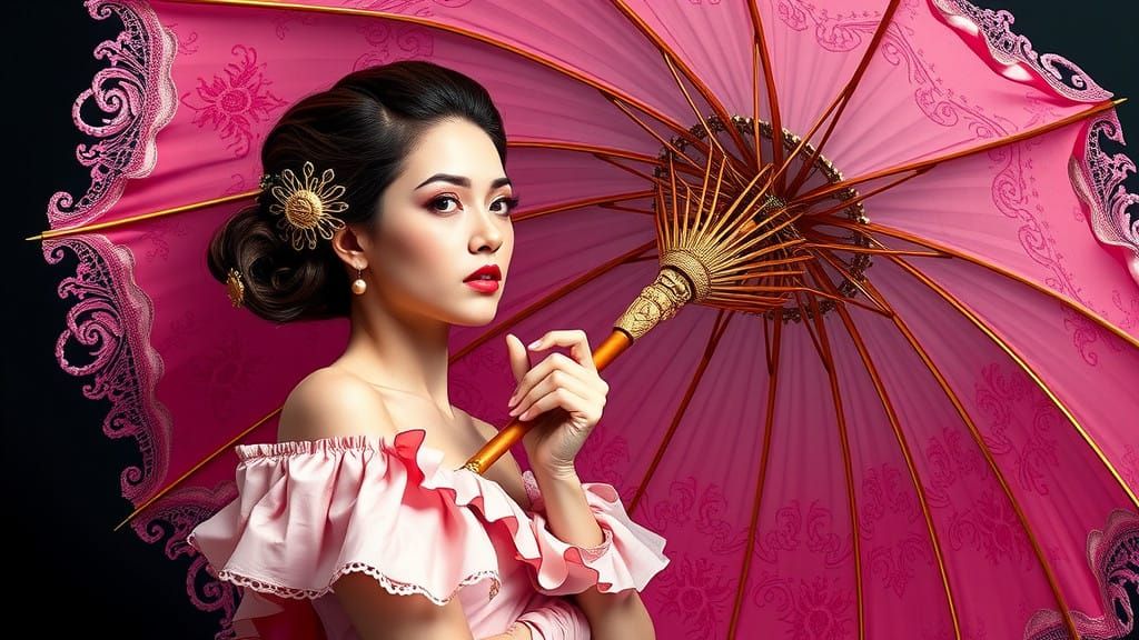 Delicate Lady Holds Whimsical Rococo Umbrella