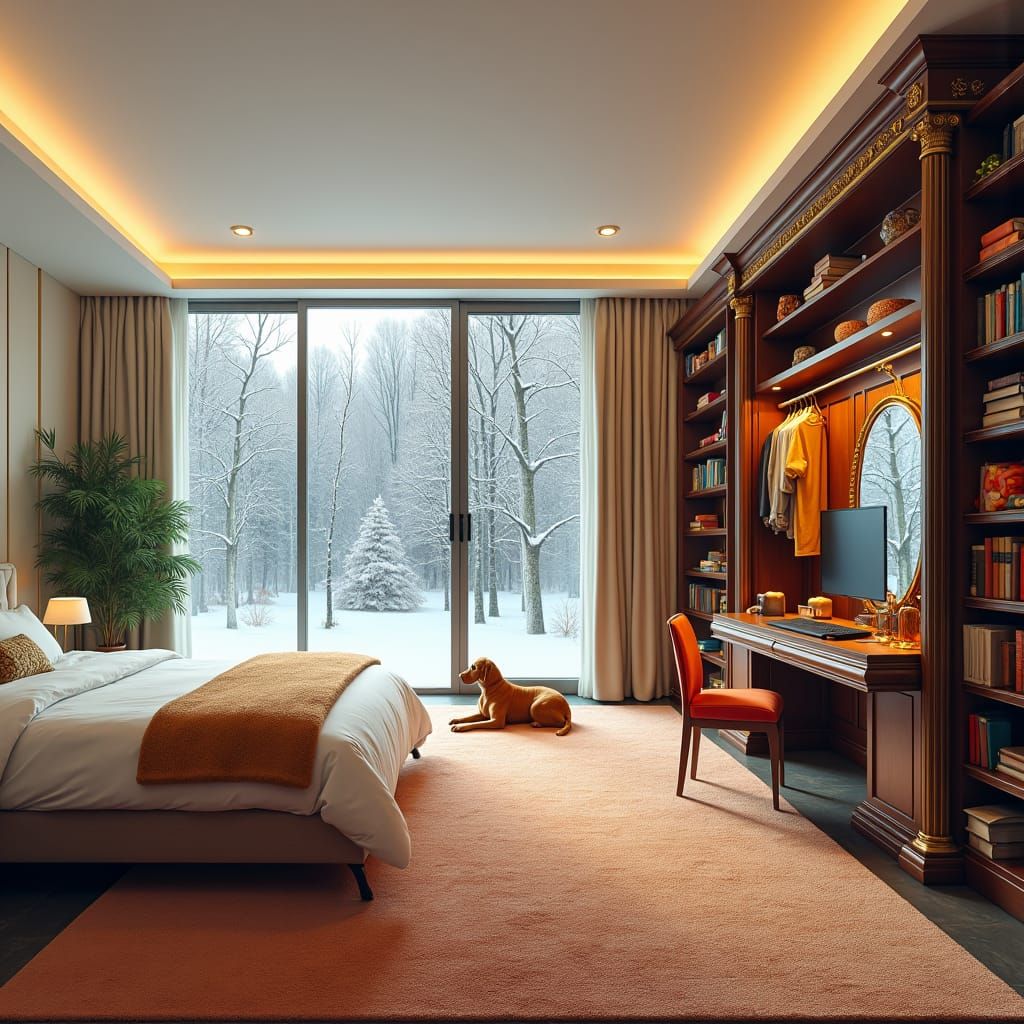 Dreamy Bedroom with Dog in Matte Painting Style