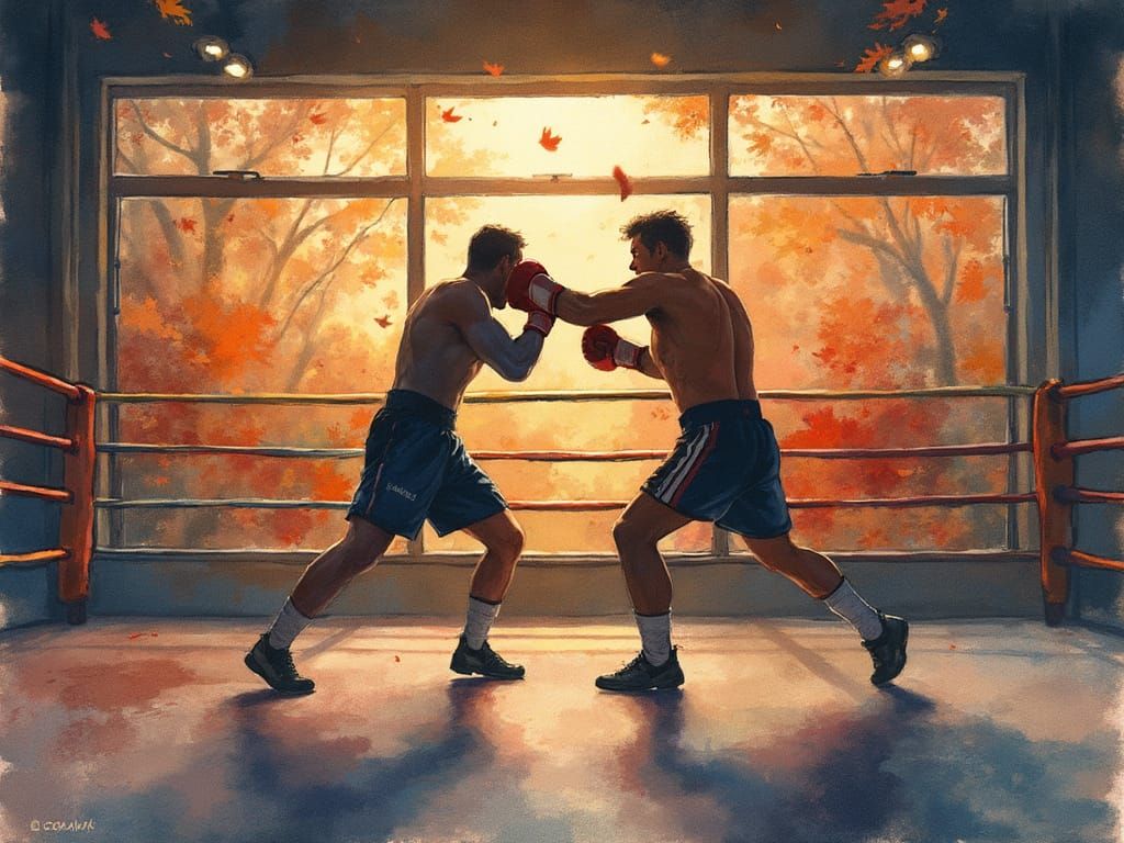 Intense Boxing Match Amidst Autumn Splendor