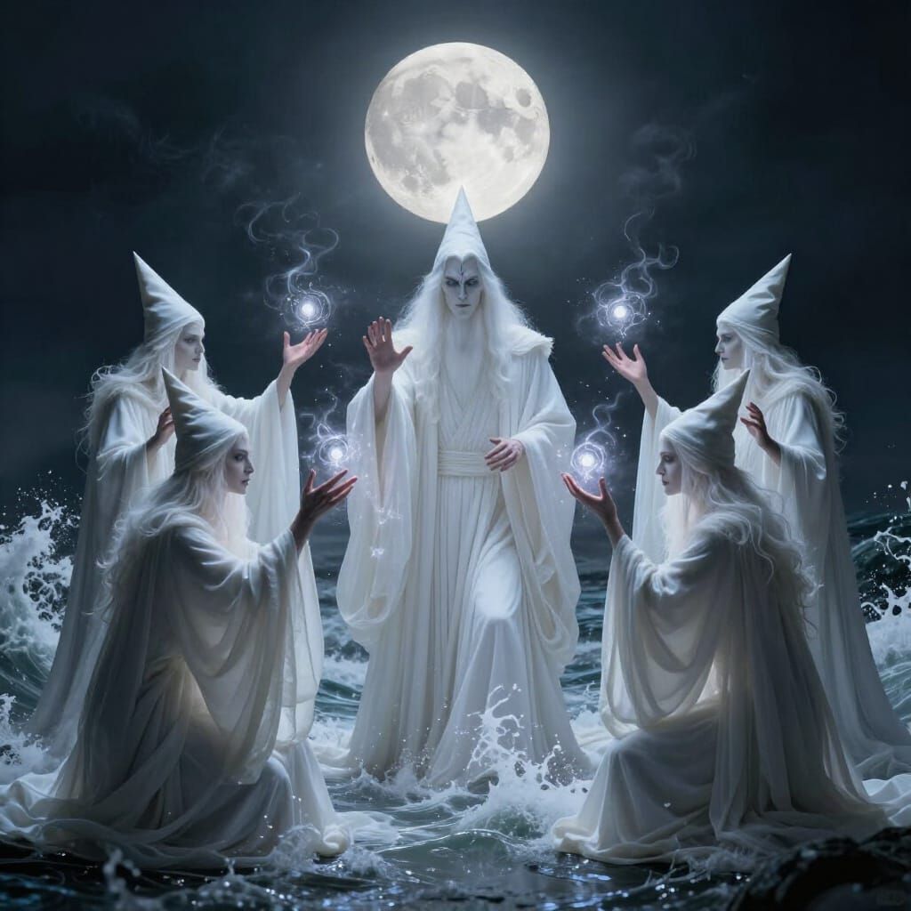Five Witches Grant Wishes with Dark Magic by Moonlit Waves