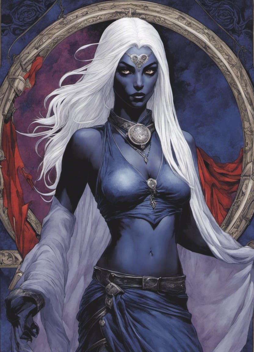 female Drow, dark elf, dark blue skin, Underdark, by Milo Ma...