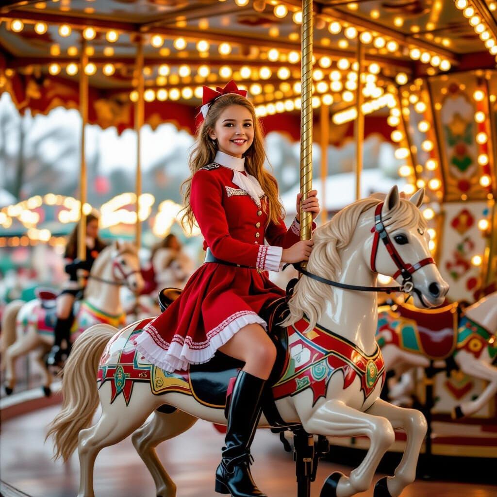Teenage Majorette Rides Carousel Pony with Joyful Expression