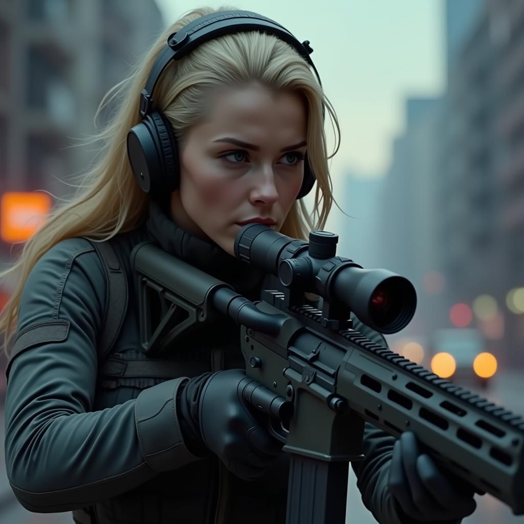 Female Sniper in Urban Cityscape, Photorealistic Style