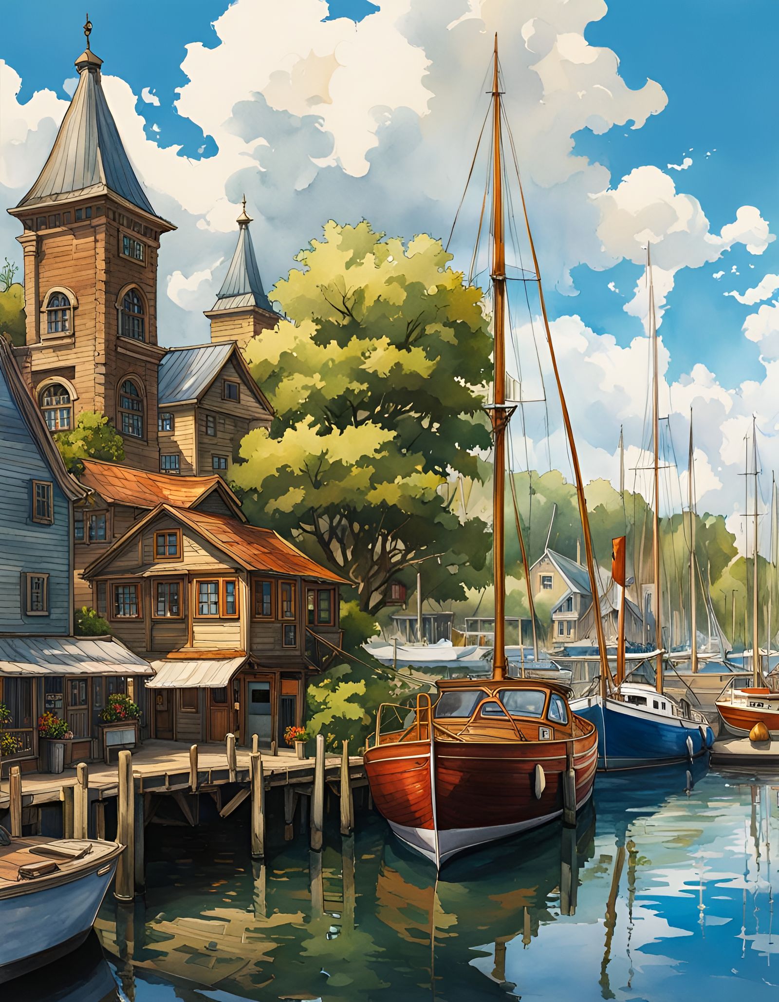 Detailed Watercolor Painting of a Sunny Harbor Scene