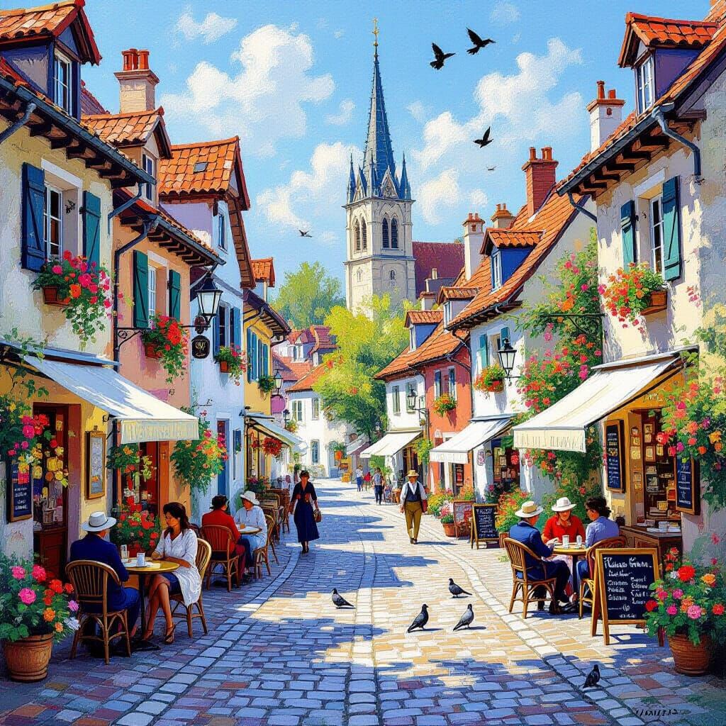 Charming Village Square with Cobbled Lanes and Vivid Colors