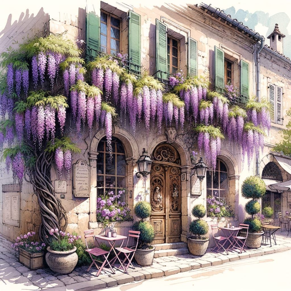 Sunny Street Café with Wisteria Blooms in Watercolor Style