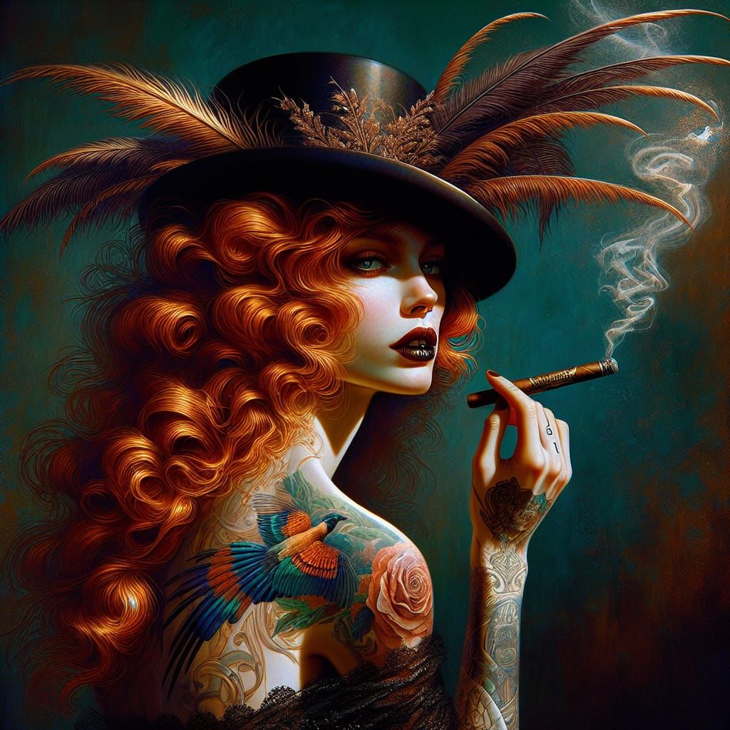 Red-Haired Beauty with Cigar, in Pre-Raphaelite Style