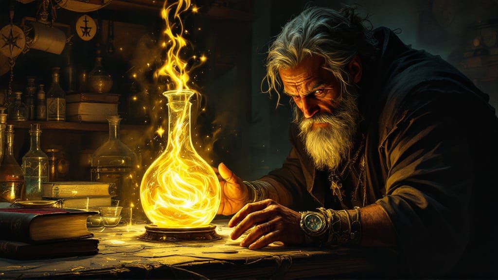 Alchemist's Lab: Mystical Transmutation in Golden Light
