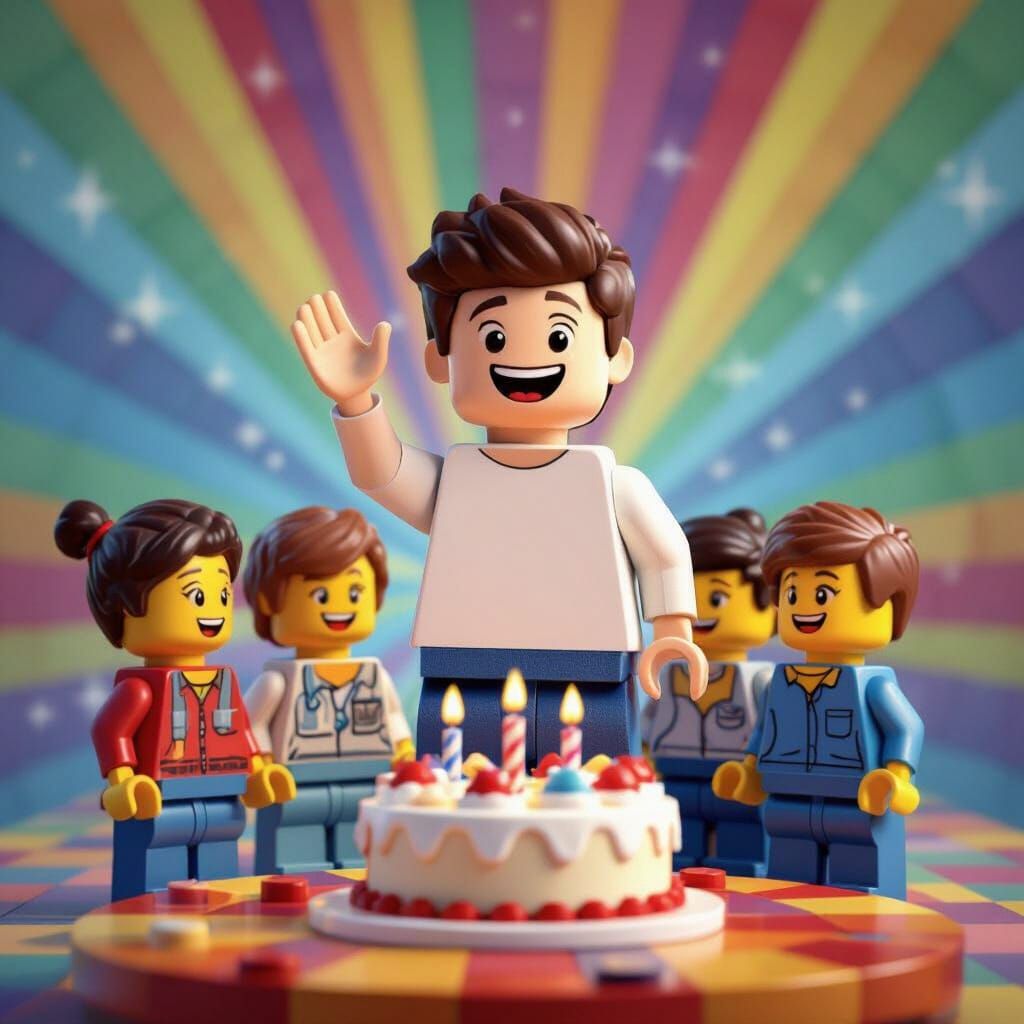 Lego Boy Celebrates with Friends: Pixar-Style 3D Art