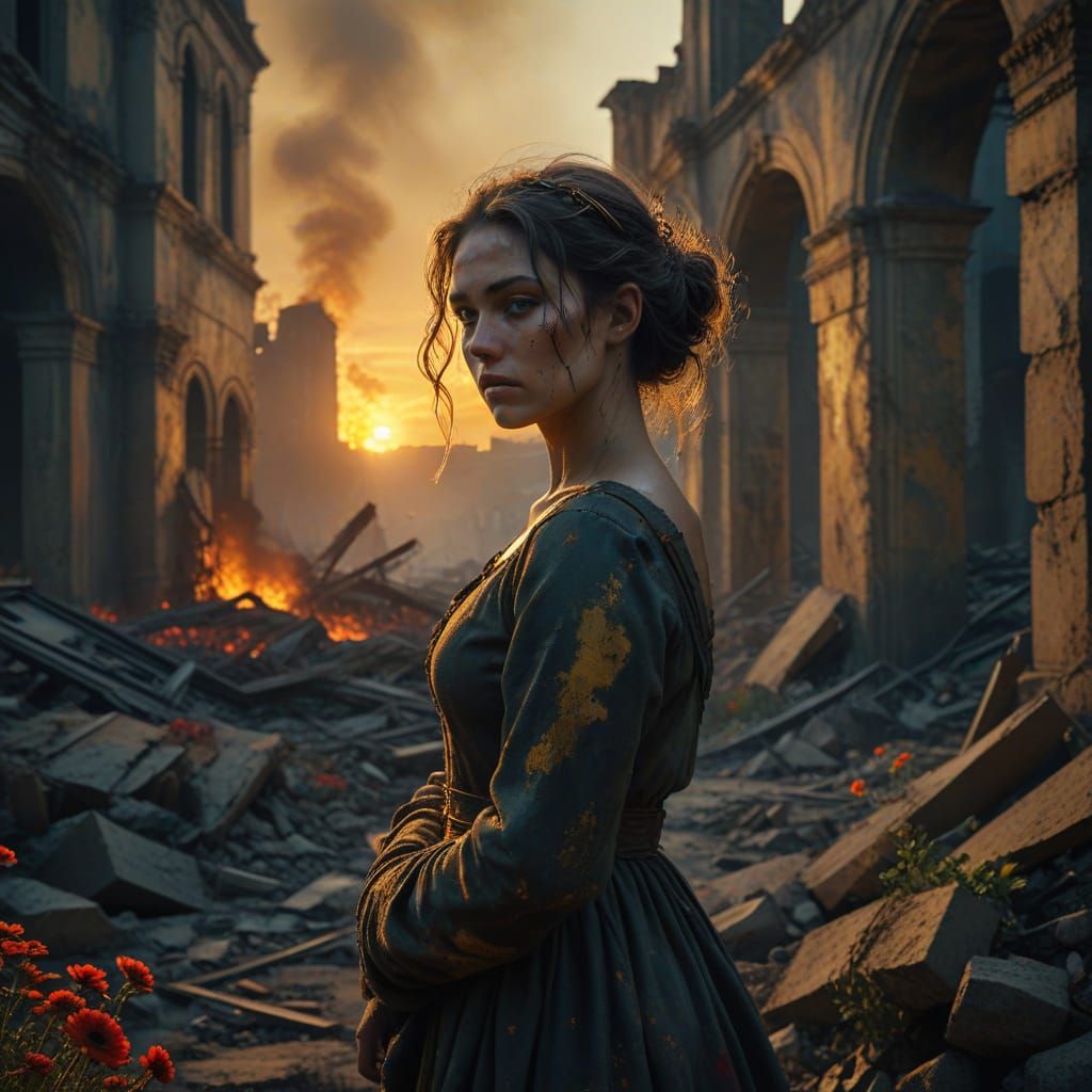 Resolute Ukrainian Beauty Amidst Apocalyptic Ruins in a Haun...