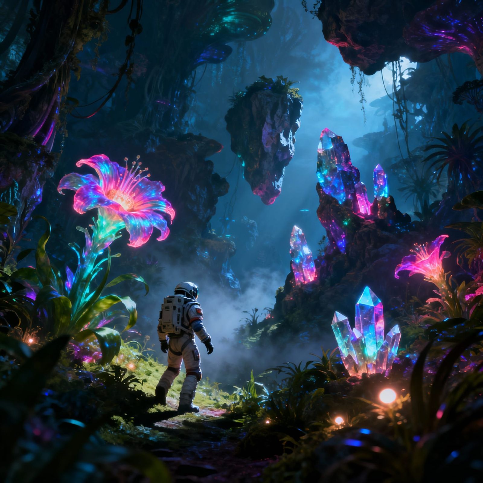 Astronaut Explores Bioluminescent Alien Jungle with Neon Flo...