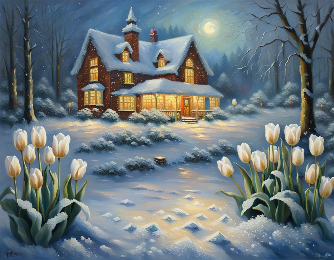 Ethereal White Tulips Bloom in Snowy Night, Kinkade Style
