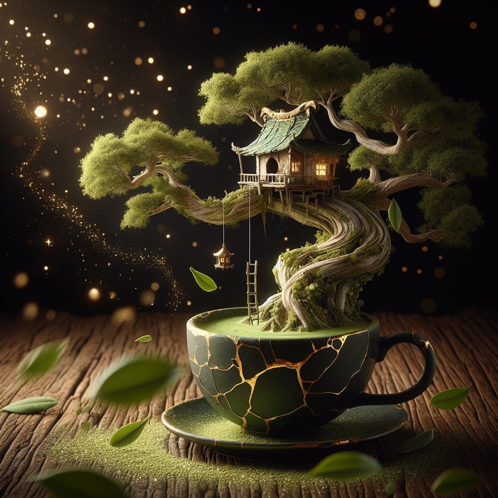 Treehouse in Kintsugi Matcha Cup with Bokeh