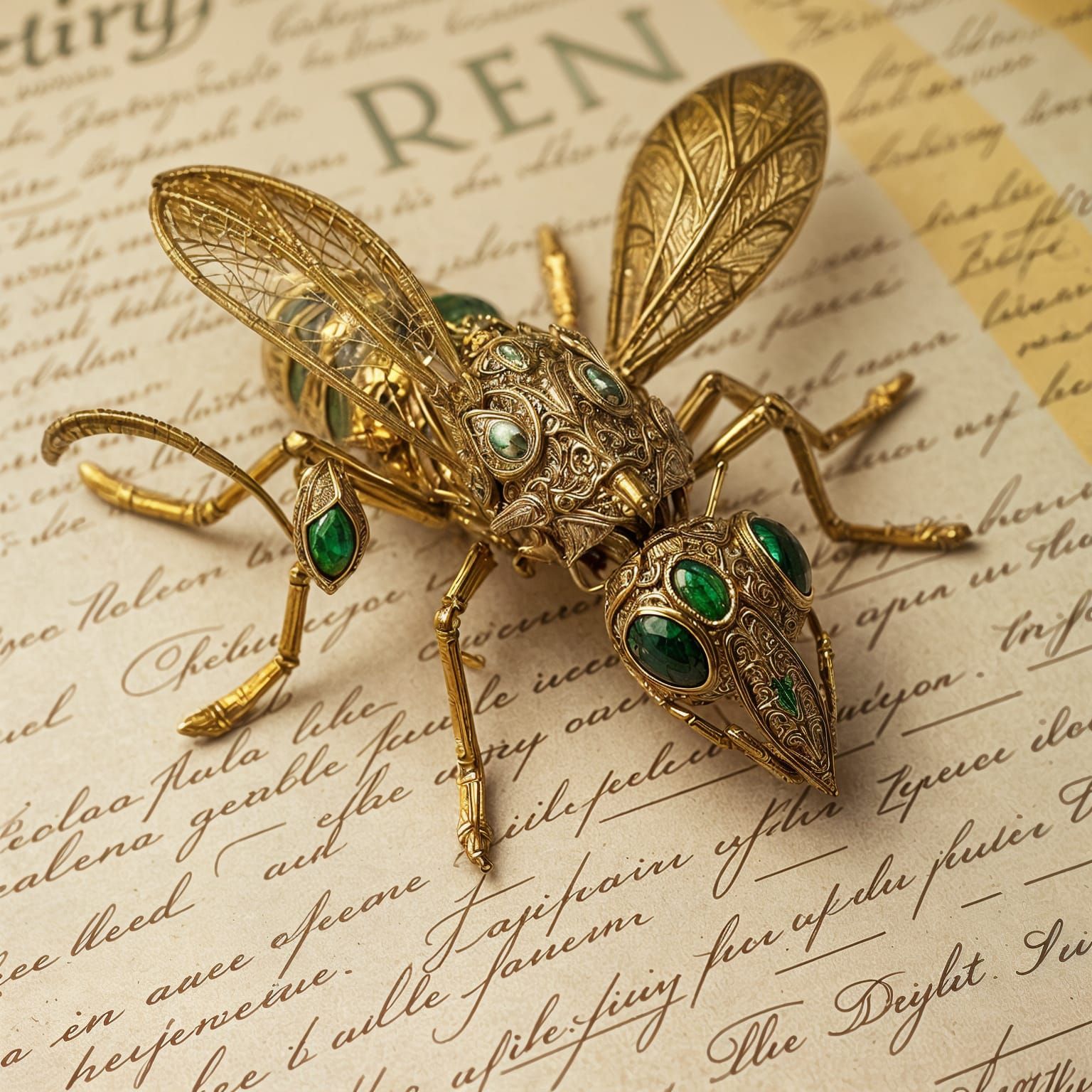 Golden Mechanical Wasp perched on Ancient Parchment