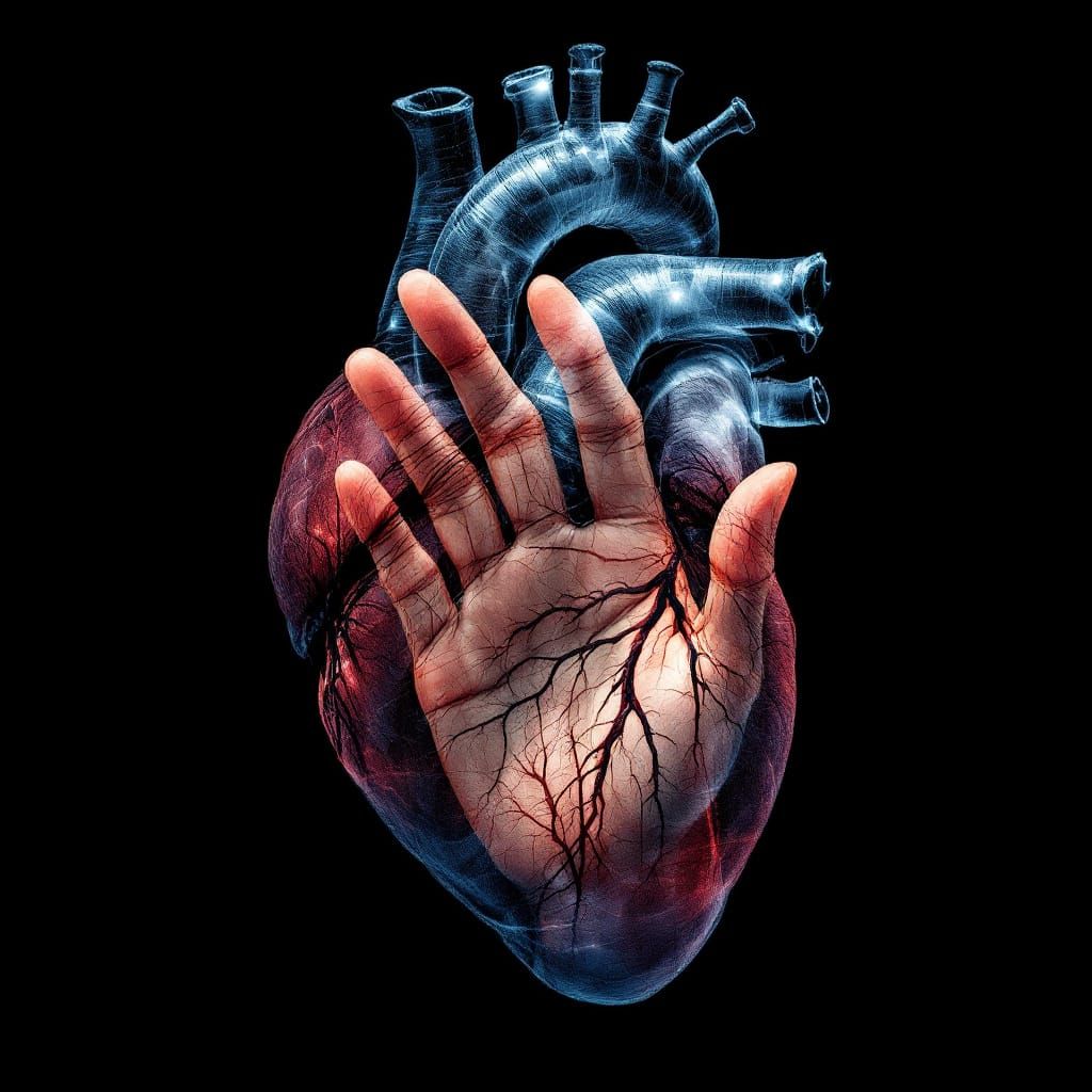 Surreal Human Heart and Hand Double Exposure