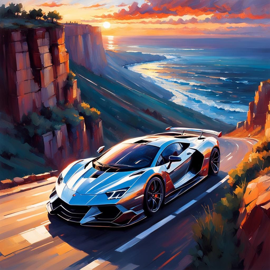 Supercar Sunset Cliff Transformation in Dreamlike Painting