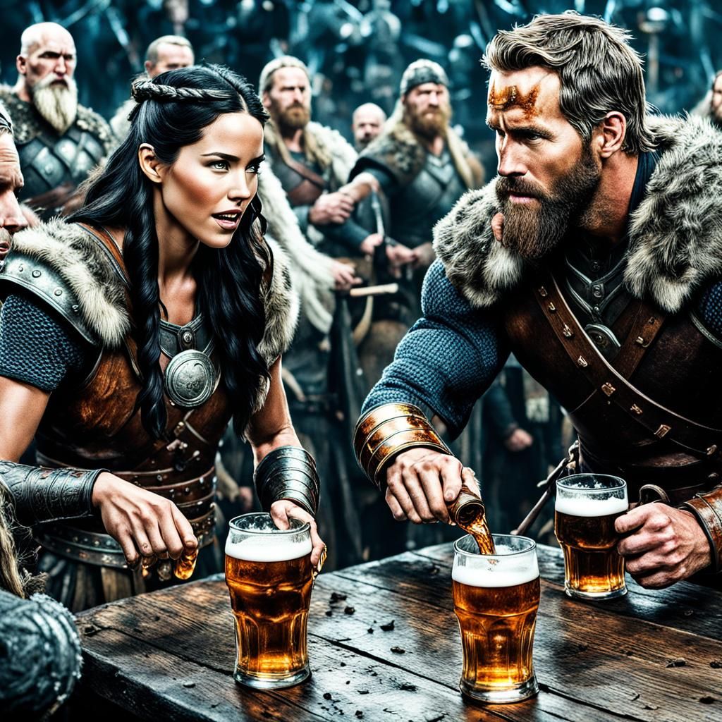 Olivia Munn and Ryan Reynolds with Beer-Chugging Vikings