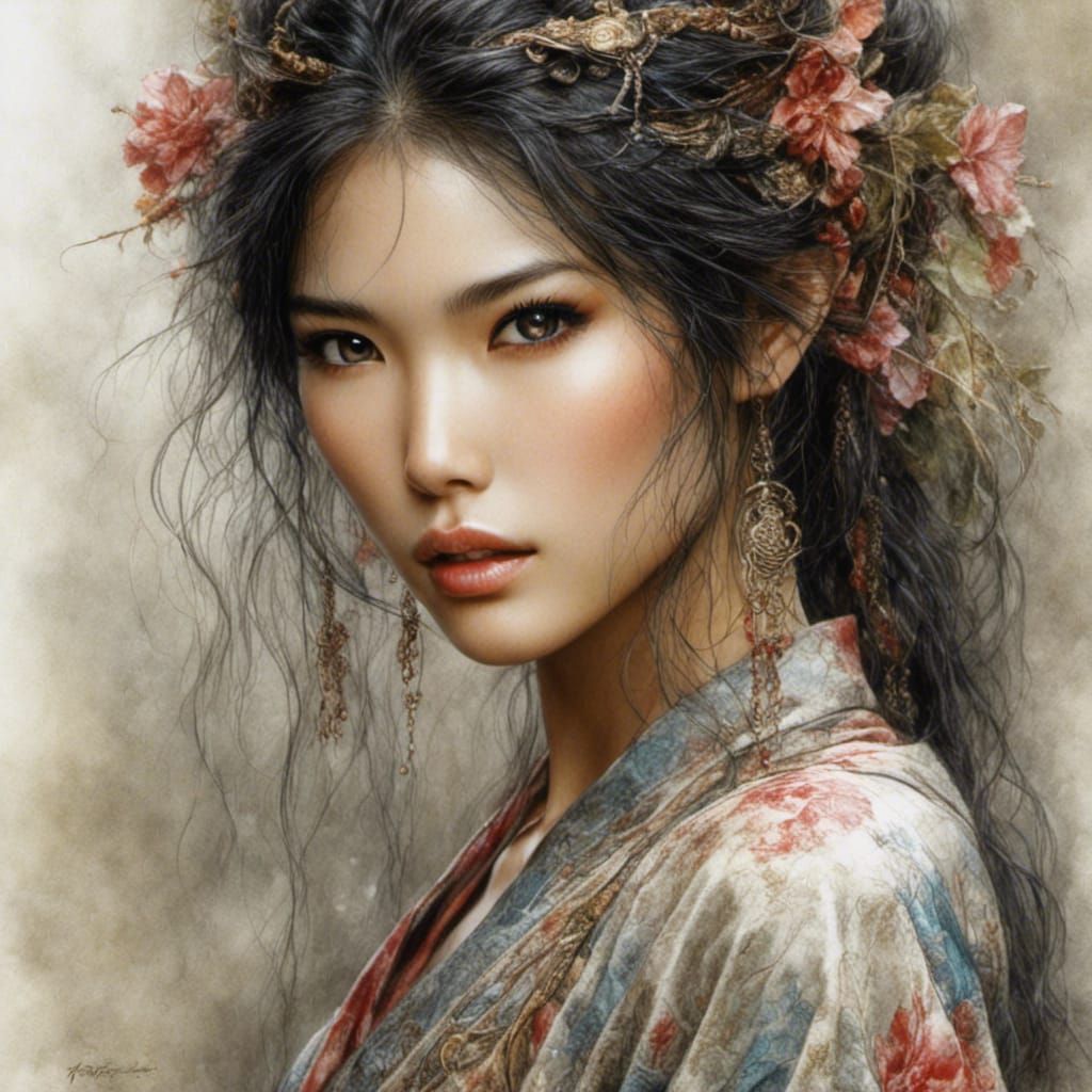 Detailed Portrait of Asian Woman in Kimono