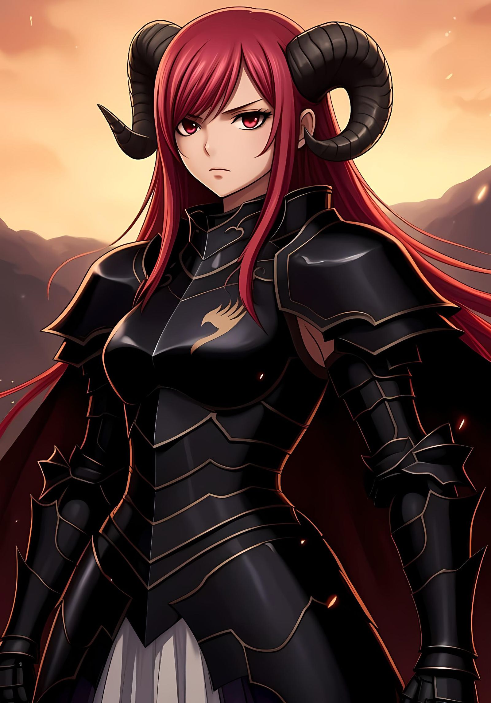 Erza Scarlet in Black Ram Armor, Anime Style