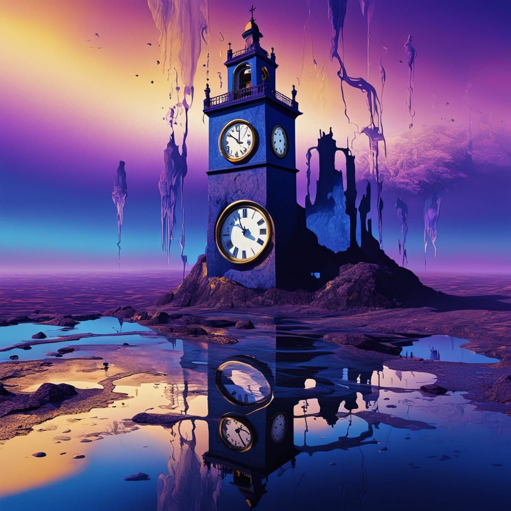Surreal Melting Clock Tower Landscape in Dali Style