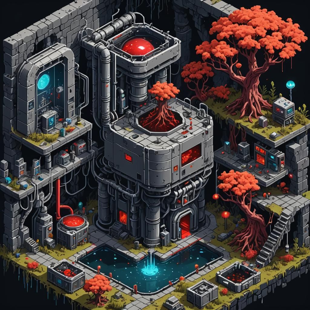 Isometric Pixel Art: Ruined Lab with Fossil