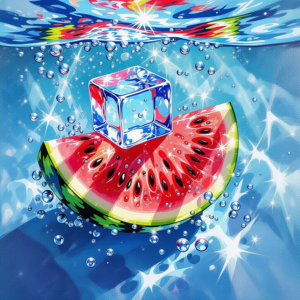 Hyperrealistic Watermelon Slice in Sparkling Water