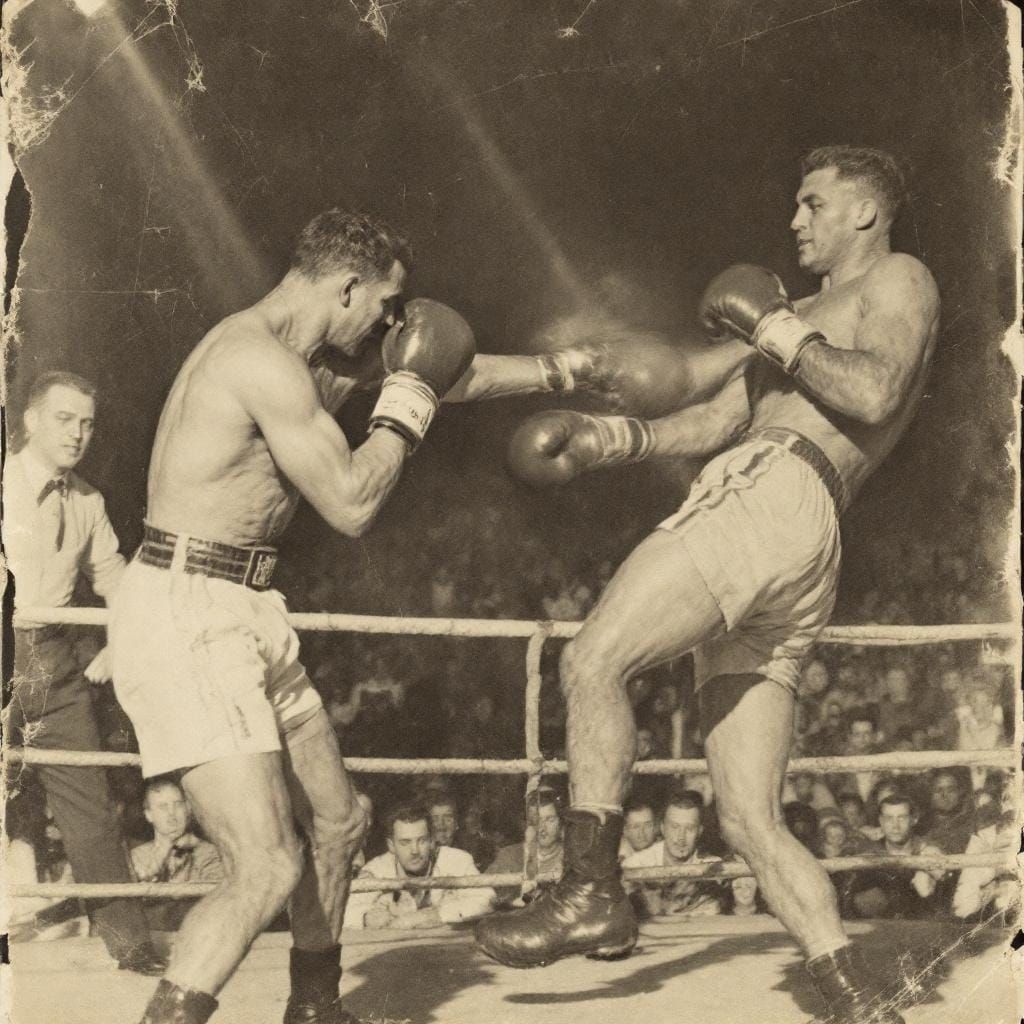 Old and worn discolored B&W photograph of 1930's Boxing matc...