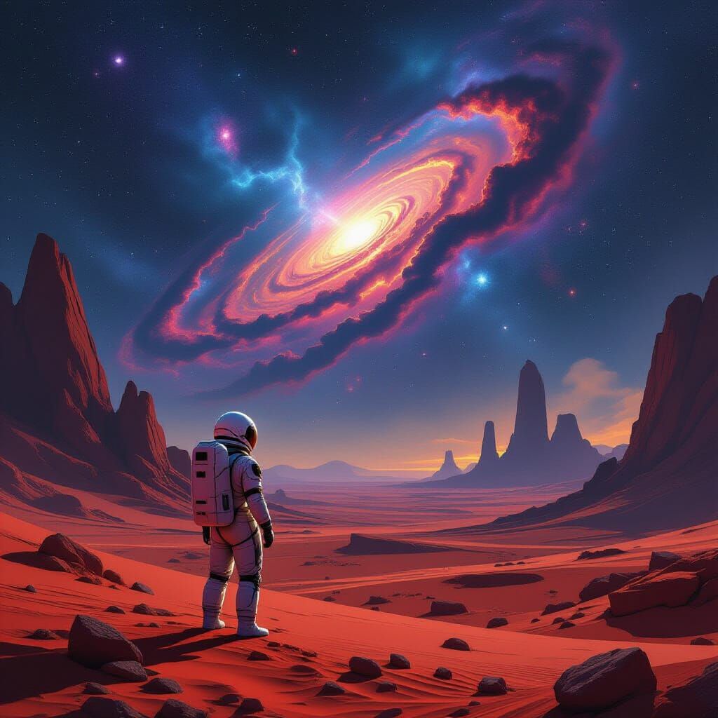 Astronaut Gazes at Nebula Above Crimson Alien Desert