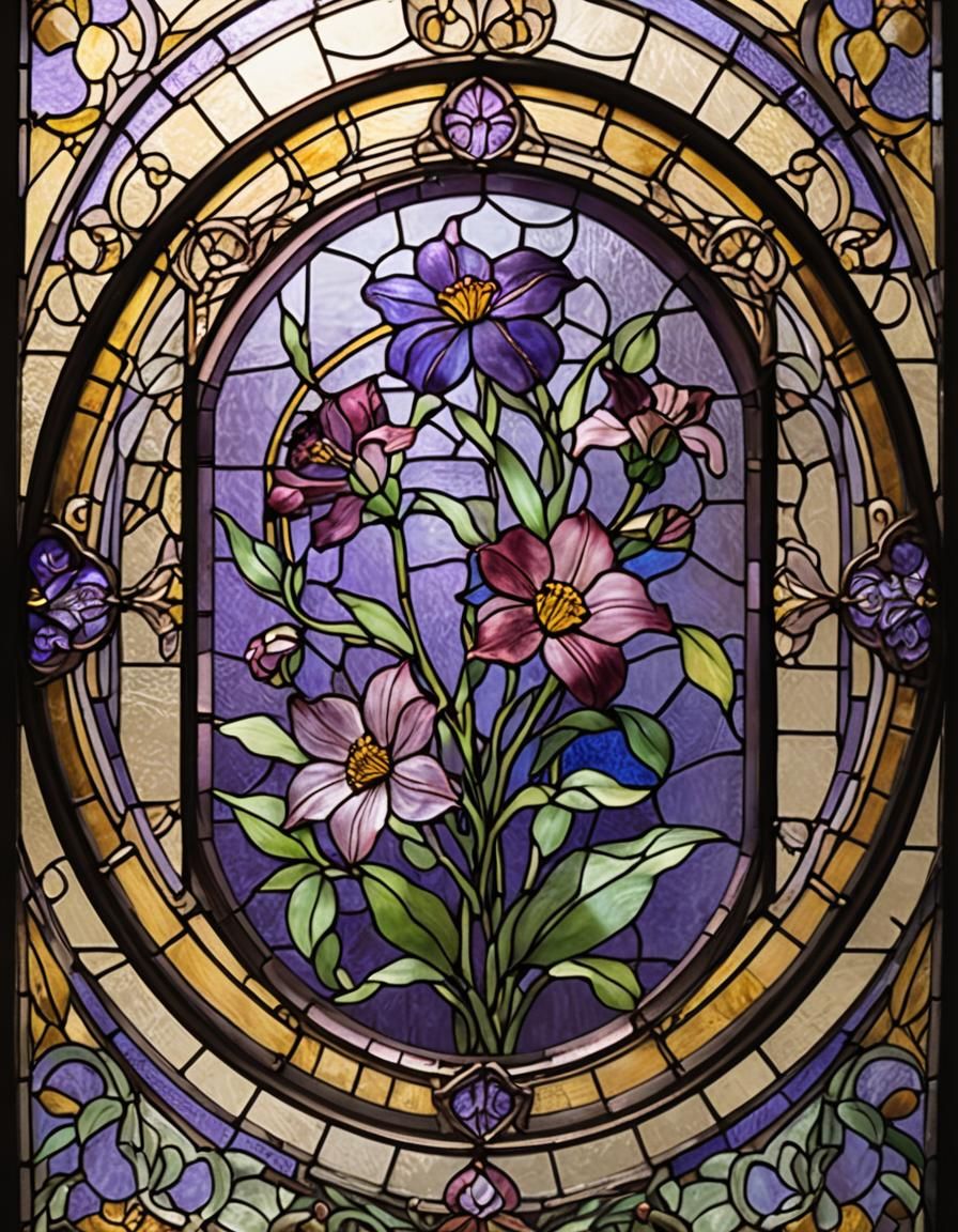 Stained Glass Purple Flower in Art Nouveau Style