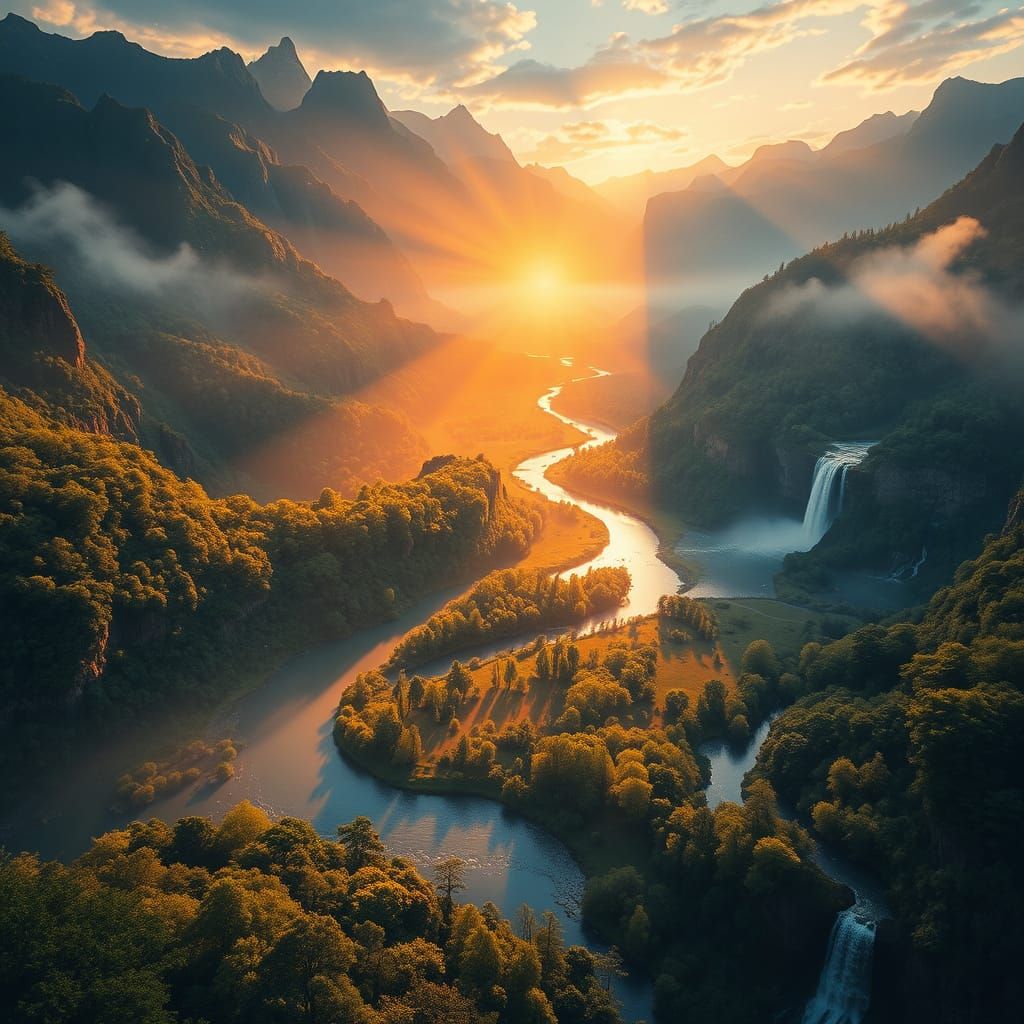 Surreal Sunset Valley in Digital Matte Painting Style