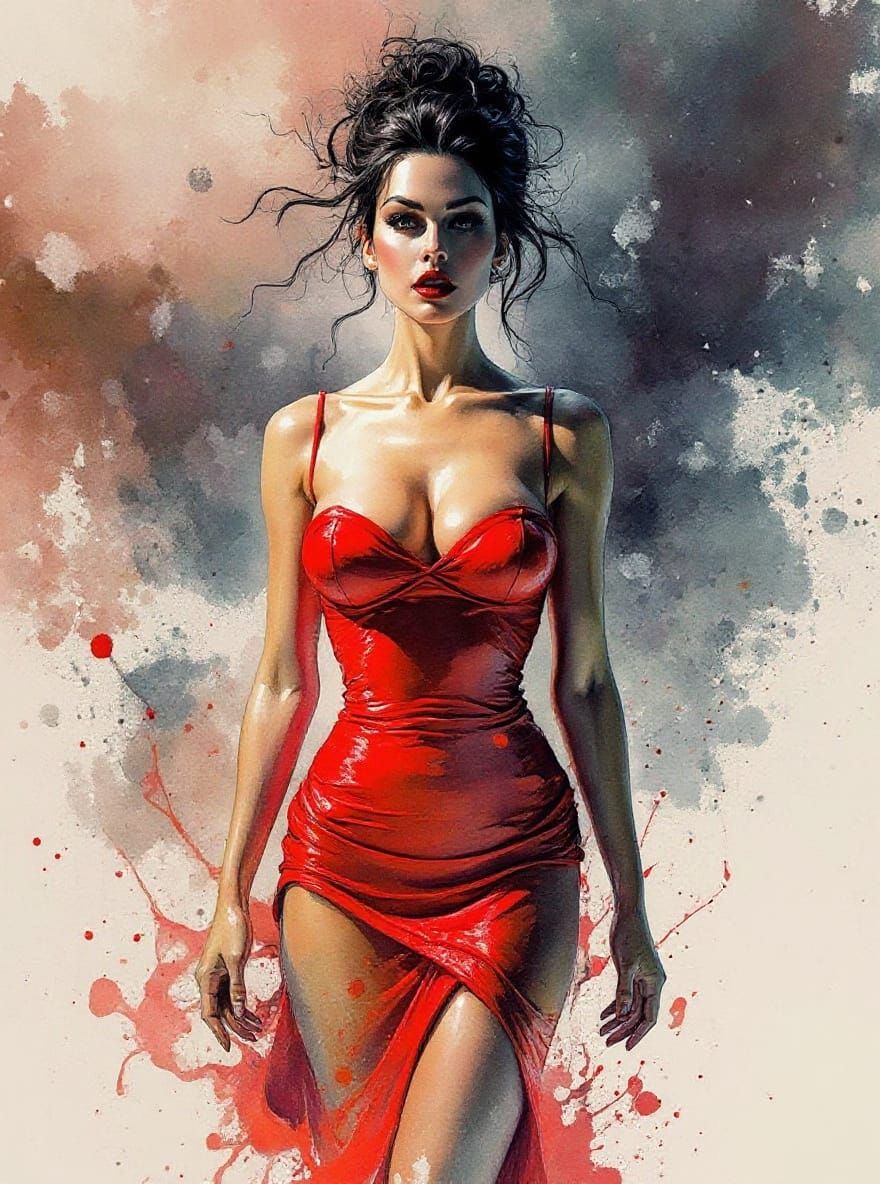 Cuban Pin-Up in Surreal Whiskey-Splatter Watercolor Style