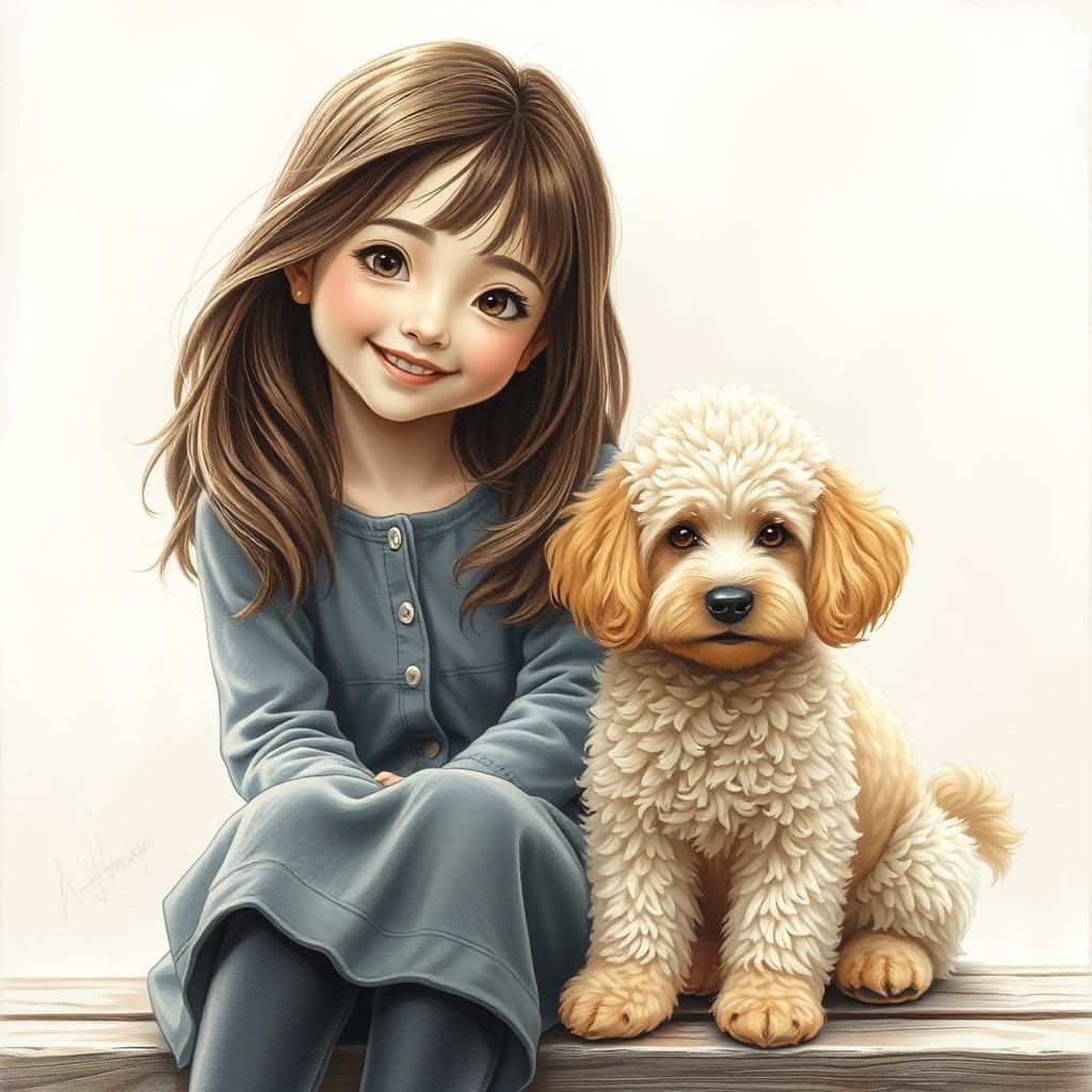 A poignant semi-chromatic pencil drawing captures the profound connection between a young Asian girl and her cream-color...