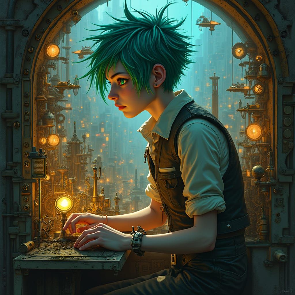 Dieselpunk Inventor Crafts Clockwork City, Art Nouveau Style