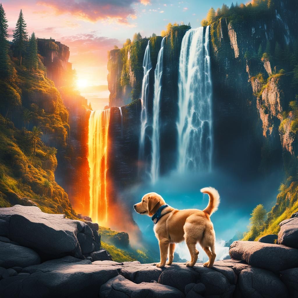 Double Exposure: Puppy and Sunset Waterfall