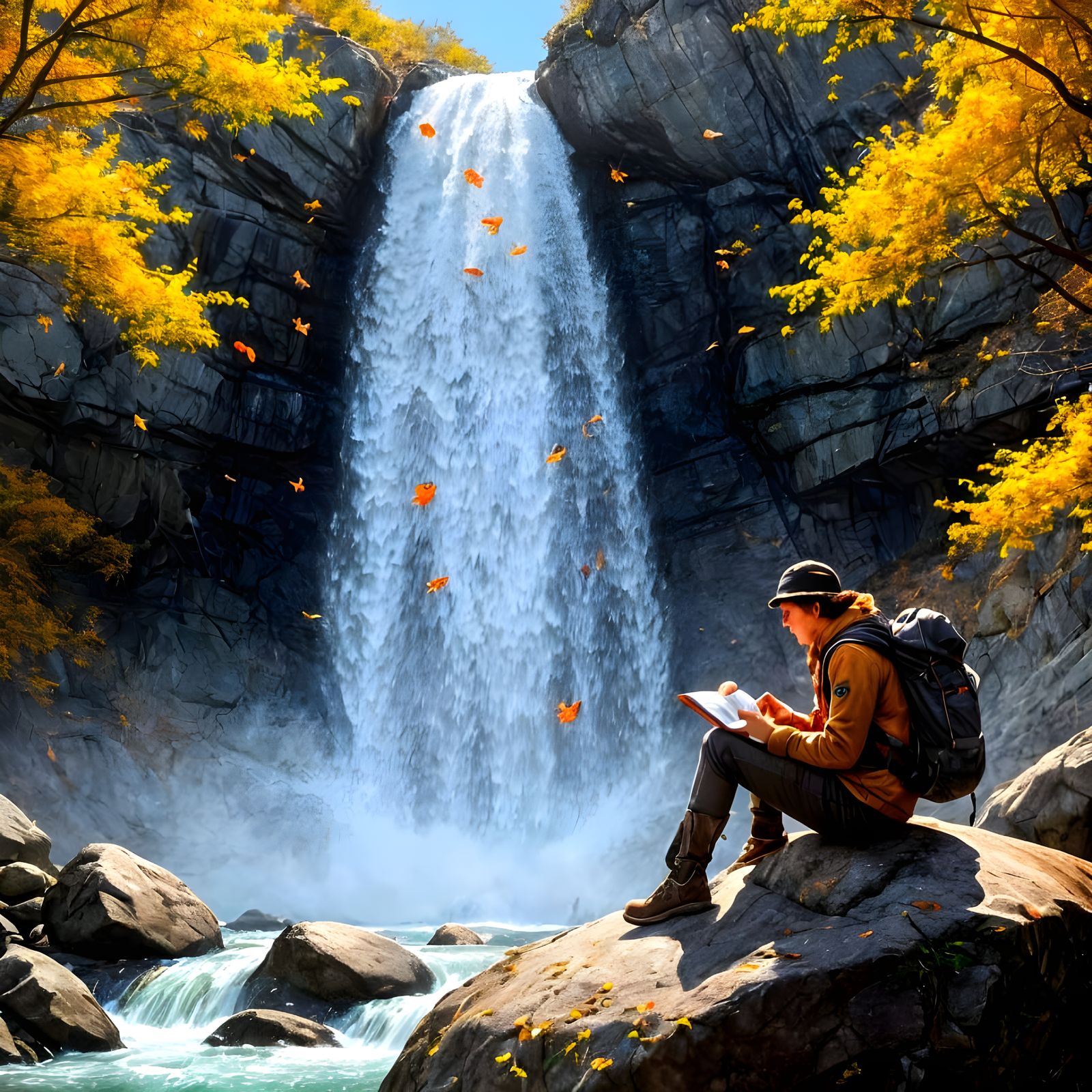 Traveler Sketches Mountain Cascade in Autumn Splendor
