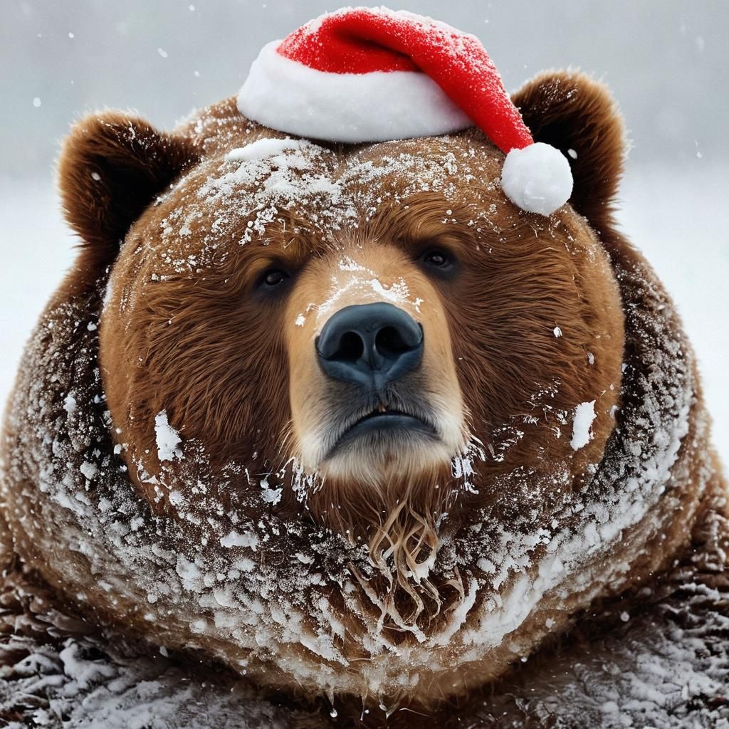 Contemptuous Kodiak Bear in a Snowy Santa Hat
