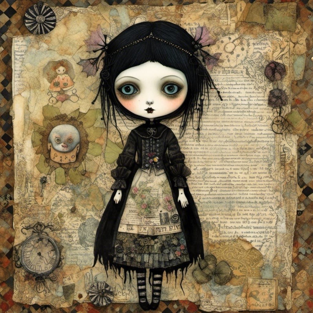Chibi Goth Doll in Mixed Media Collage Art